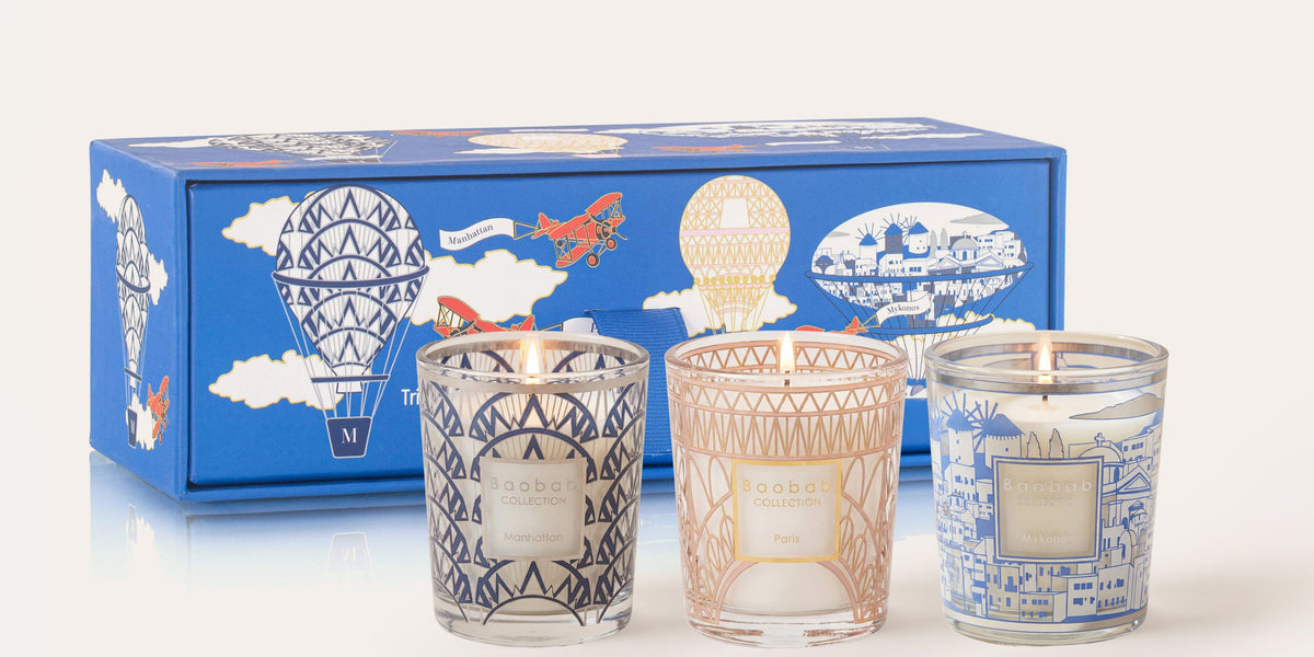 TRIO TRAVEL CANDLES MANHATTAN-PARIS-MYKONOS • Baobab Collection Inc