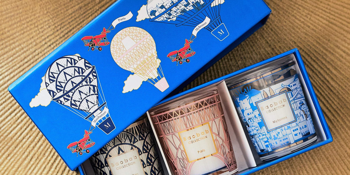 TRIO TRAVEL CANDLES MANHATTAN-PARIS-MYKONOS • Baobab Collection Inc
