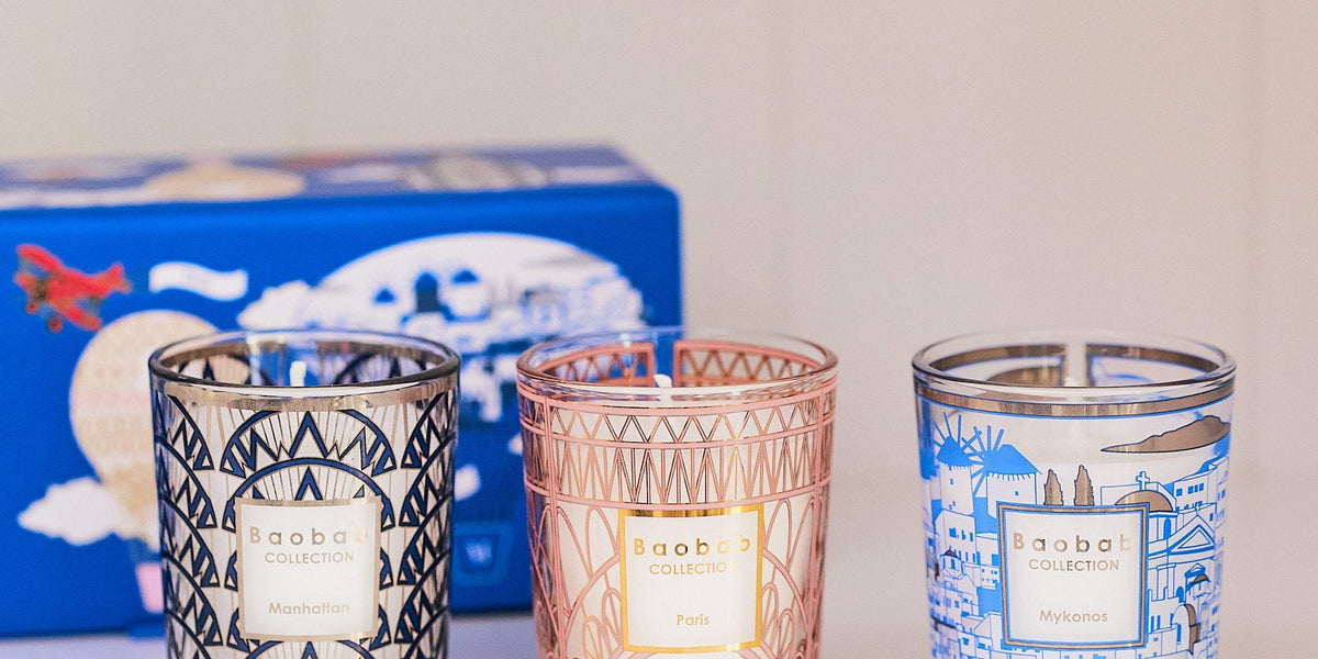 TRIO TRAVEL CANDLES MANHATTAN-PARIS-MYKONOS • Baobab Collection Inc