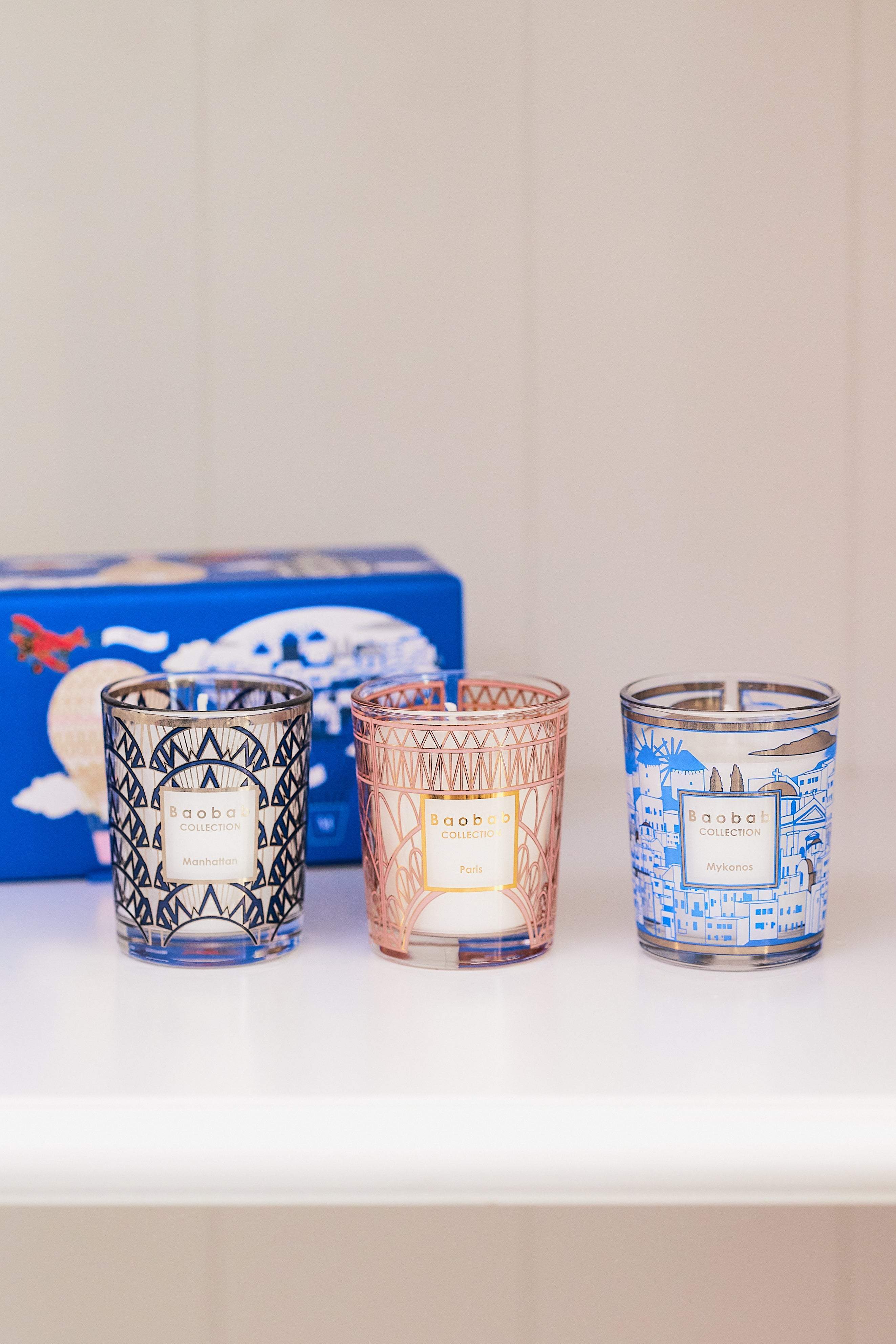 TRIO TRAVEL CANDLES MANHATTAN-PARIS-MYKONOS • Baobab Collection Inc